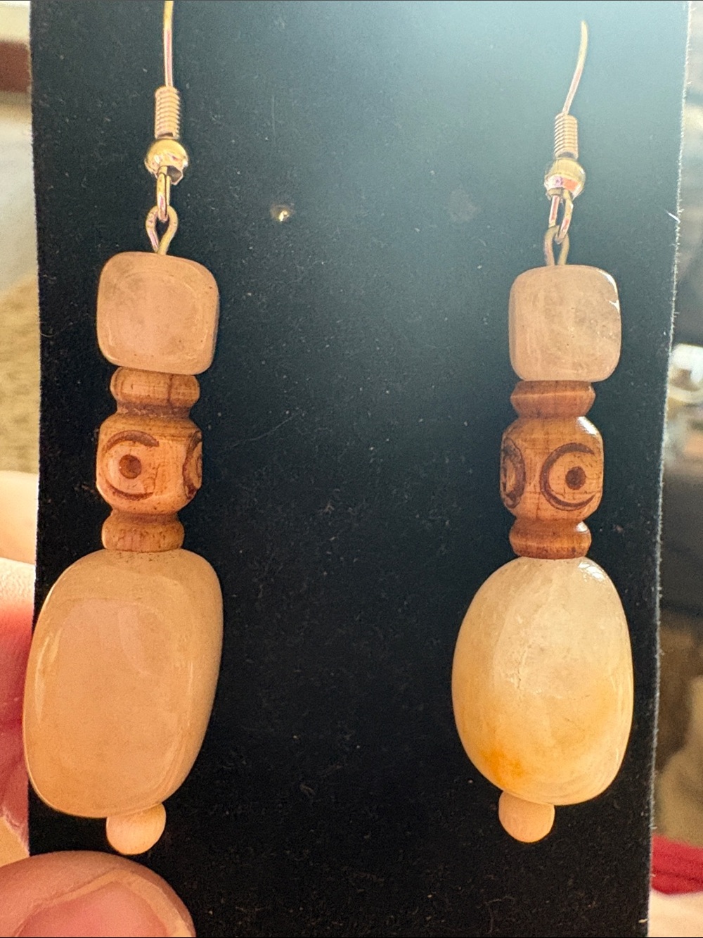 Hand Crafted Quartz Stone and Carved Wood Drop Earrings